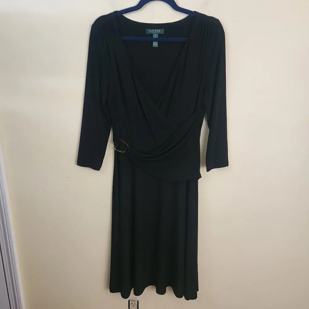 Lauren Ralph Lauren Classic Black Faux Wrap Buckle Waist Midi Dress Size 10